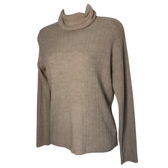 Halston Womens Medium Ribbed Turtleneck Sweater Extra Fine Merino Wool Beige - Picture 7 of 8